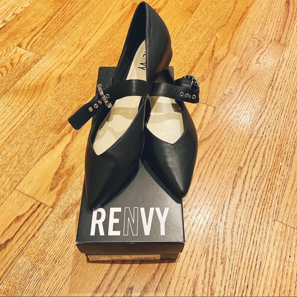 Renvy Black Pointed Strap Flats with Rhinestone Detail